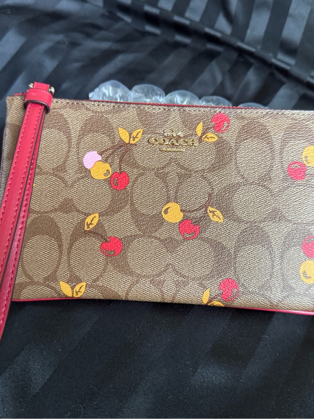 COACH Brown Signature Cherry Print Large Wristlet with Red Trim, Gold Zip